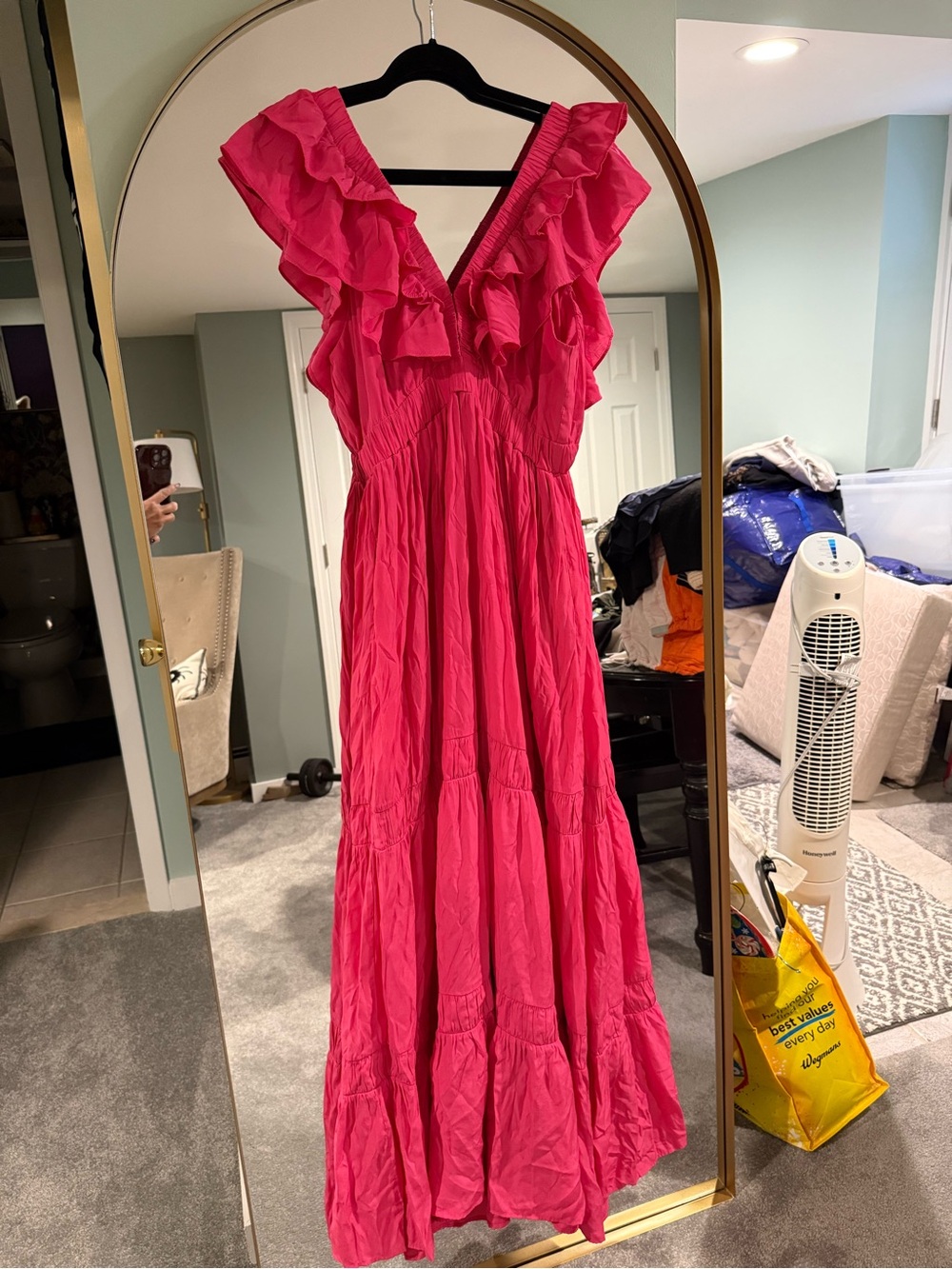 Mustard Seed Hot Pink Ruffle V-Neck Maxi Dress. NWOT. Size: Medium.